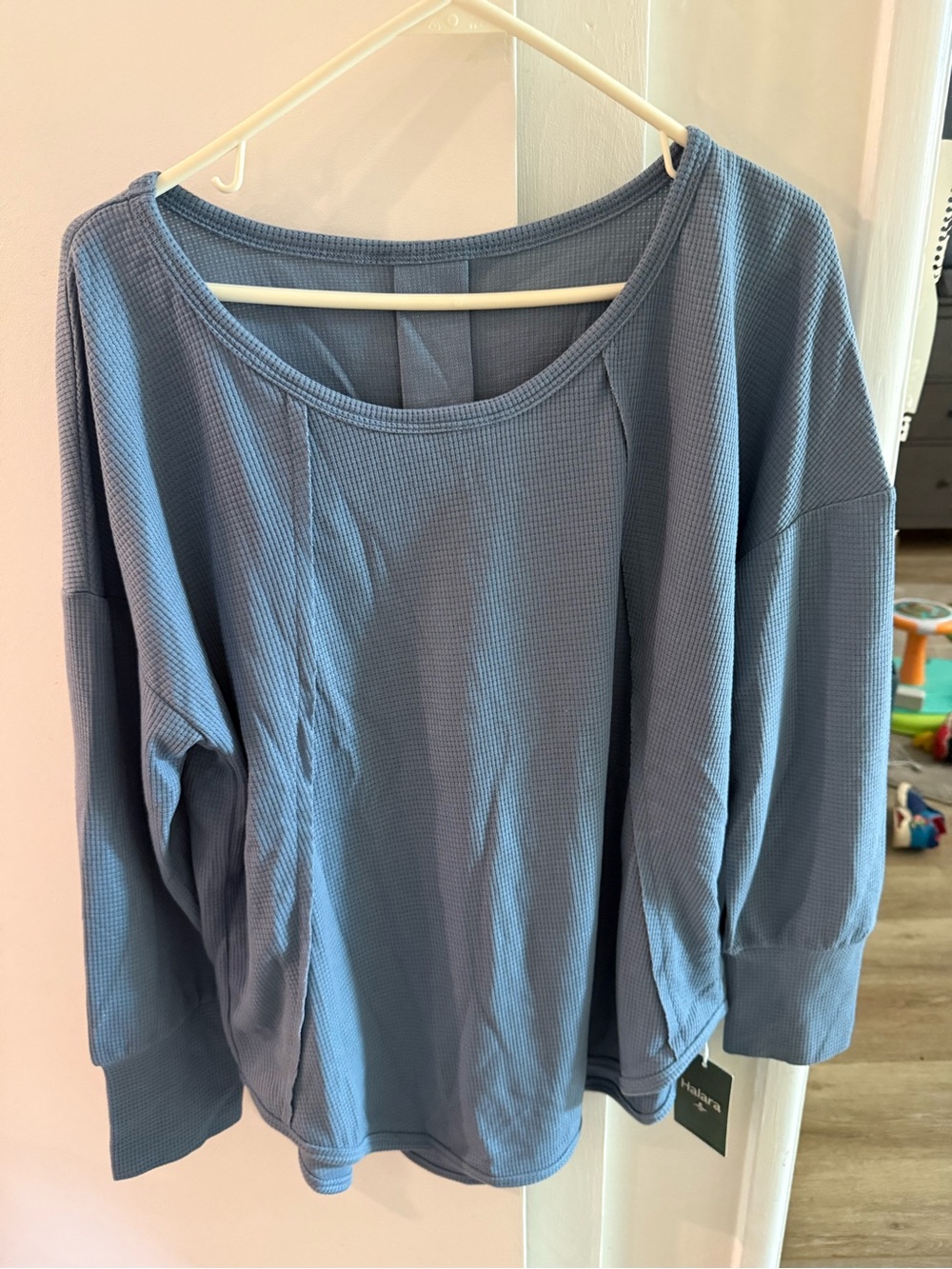 HALARA Blue Scoop Neck Long Sleeve Curved Hem Relaxed Waffle Casual Top